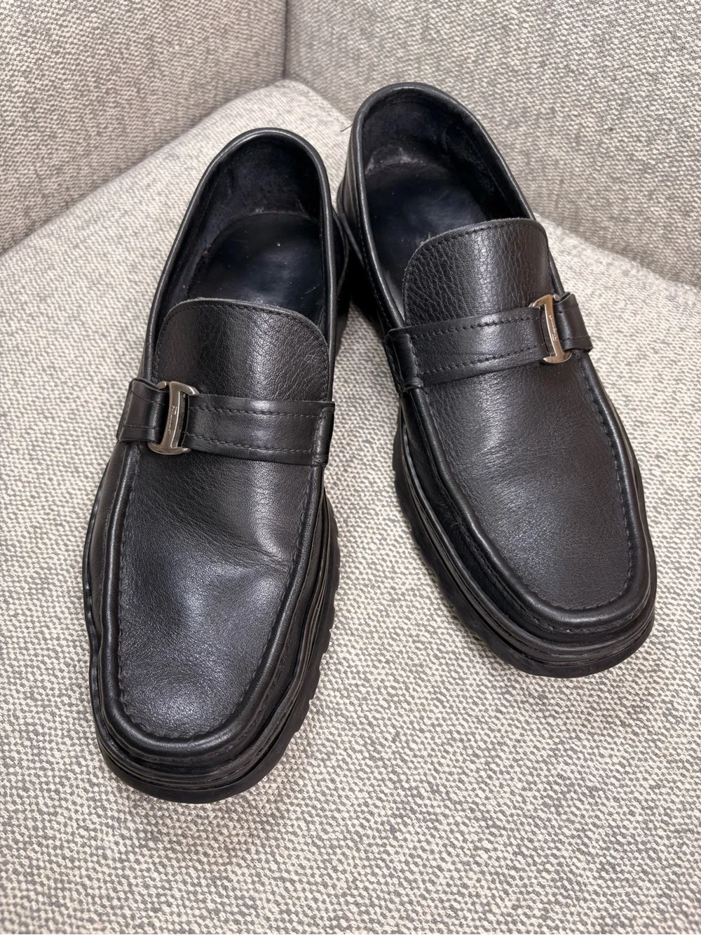 SALVATORE FERRAGAMO Men's Black Leather Slip-On Loafers with Buckle Detail